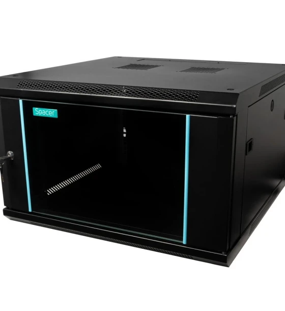 CABINET 19 SPACER 6U 600x600mm, fixare pe perete, Flatpack dezasamblat, Black, usa sticla cu blocare, panouri detasabile, otel 1.5mm, sarcina maxima 60Kg