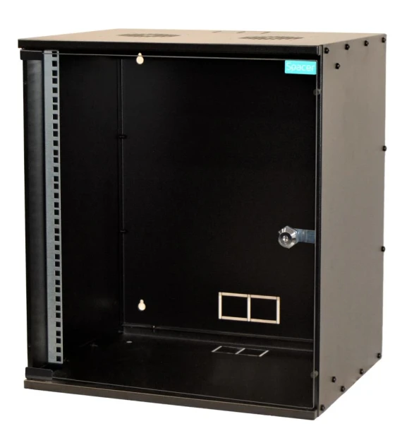 CABINET 19 SPACER 12U, fixare pe perete, Flatpack dezasamblat, Black, 582 h x 515 w x 400 d mm, usa sticla cu blocare, otel 1.5mm, sarcina maxima 100Kg