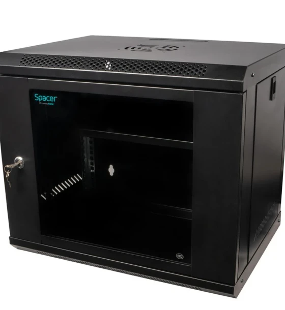 CABINET 19 SPACER 9U 500x450mm, fixare pe perete, Flatpack dezasamblat, Black, usa sticla cu blocare, panouri detasabile, otel 1mm, sarcina maxima 25Kg