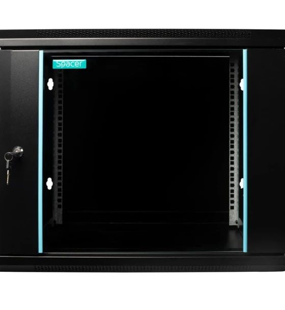 CABINET 19 SPACER 9U 600x450mm, fixare pe perete, Flatpack dezasamblat, Black, usa sticla cu blocare, panouri detasabile, otel 1.5mm, sarcina maxima 60Kg