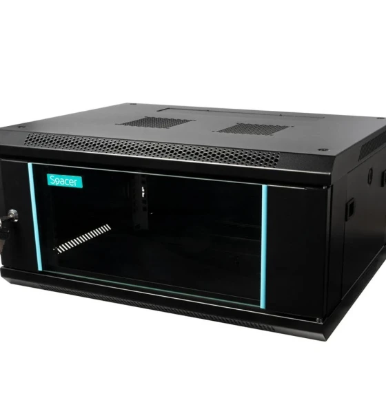CABINET 19 SPACER 4U 600x450mm, fixare pe perete, Flatpack dezasamblat, Black, usa sticla cu blocare, panouri detasabile, otel 1.5mm, sarcina maxima 60Kg
