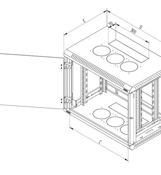 Rack de perete Triton sectiune simpla 9U 500mm adancime usa sticla panouri laterale detasabile sectiuni ventilatie activa, sectiuni acces cabluri sus/jos/spate securizare cu cheie