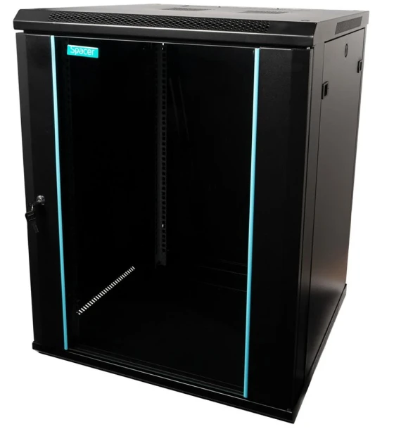 CABINET 19 SPACER 15U 600x600mm, fixare pe perete, Flatpack dezasamblat, Black, usa sticla cu blocare, panouri detasabile, otel 1.5mm, sarcina maxima 60Kg