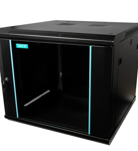 CABINET 19 SPACER 9U 600x600mm, fixare pe perete, Flatpack dezasamblat, Black, usa sticla cu blocare, panouri detasabile, otel 1.5mm, sarcina maxima 60Kg