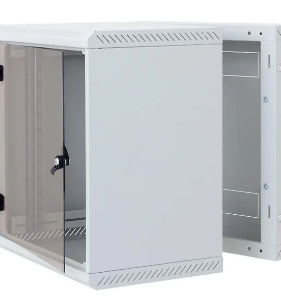 Rack de perete Triton sectiune simpla 9U 600mm adancime usa sticla panouri laterale fixe sectiuni ventilatie activa, sectiuni acces cabluri sus/jos/spate securizare cu cheie