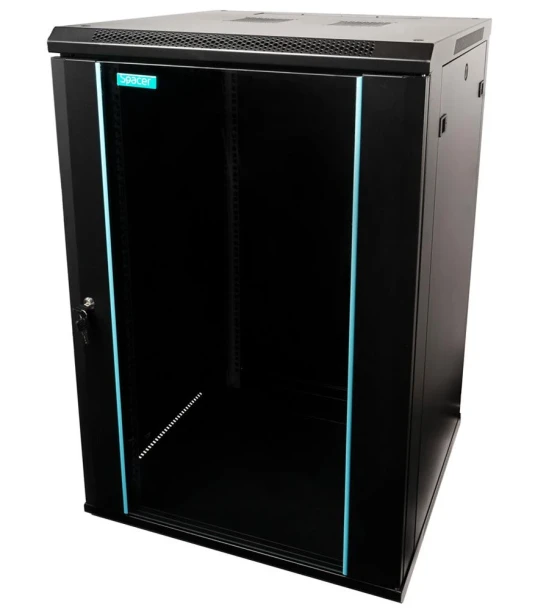 CABINET 19 SPACER 18U 600x600mm, fixare pe perete, Flatpack dezasamblat, Black, usa sticla cu blocare, panouri detasabile, otel 1.5mm, sarcina maxima 60Kg