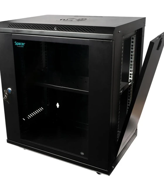 CABINET 19 SPACER 12U 500x400mm, fixare pe perete, Flatpack dezasamblat, Black, usa sticla cu blocare, panouri detasabile, otel 1mm, sarcina maxima 25Kg
