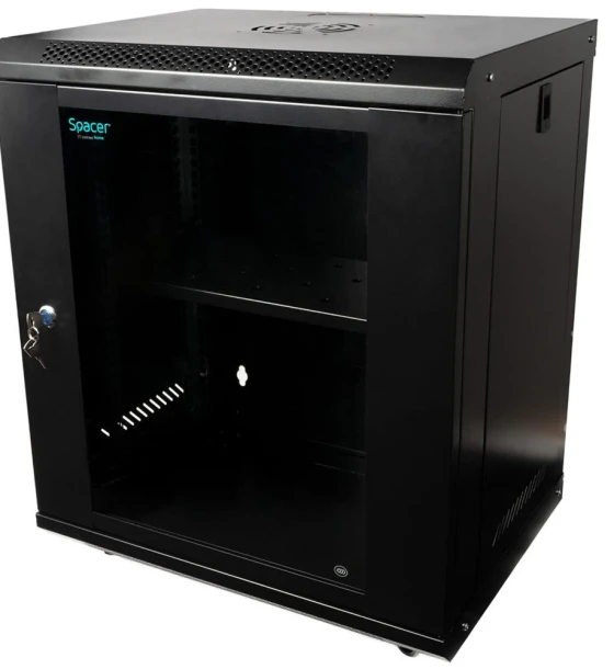 CABINET 19 SPACER 12U 500x450mm, fixare pe perete, Flatpack dezasamblat, Black, usa sticla cu blocare, panouri detasabile, otel 1mm, sarcina maxima 25Kg
