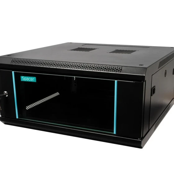 CABINET 19 SPACER 4U 600x600mm, fixare pe perete, Flatpack dezasamblat, Black, usa sticla cu blocare, panouri detasabile, otel 1.5mm, sarcina maxima 60Kg