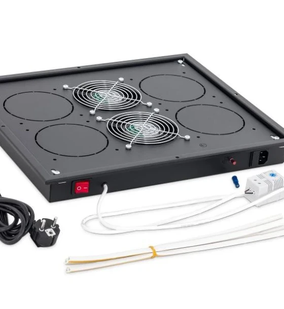 Panou ventilatie Triton pentru rack de podea 19 inch, 2 ventilatoare 230V/60W cu termostat, flux axial, negru