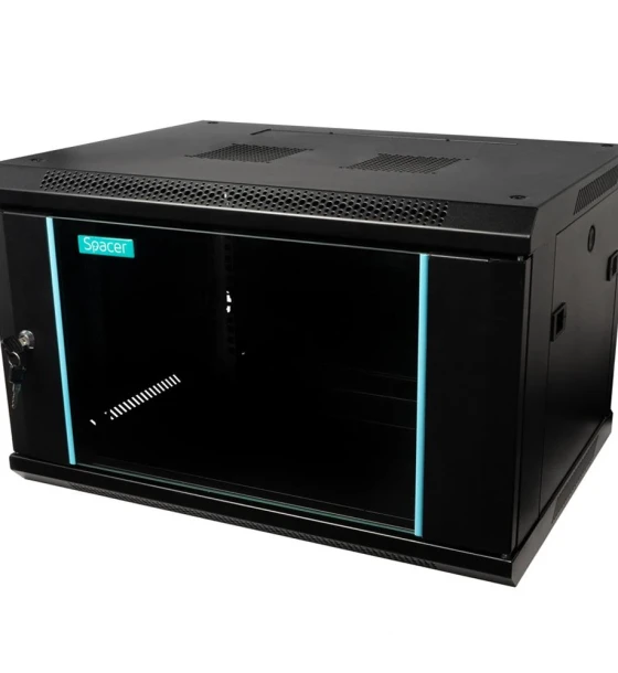 CABINET 19 SPACER 6U 600x450mm, fixare pe perete, Flatpack dezasamblat, Black, usa sticla cu blocare, panouri detasabile, otel 1.5mm, sarcina maxima 60Kg