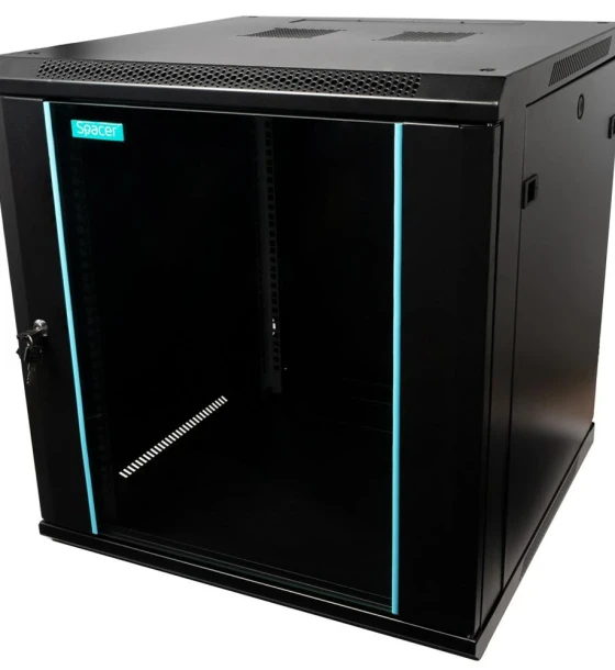 CABINET 19 SPACER 12U 600x600mm, fixare pe perete, Flatpack dezasamblat, Black, usa sticla cu blocare, panouri detasabile, otel 1.5mm, sarcina maxima 60Kg