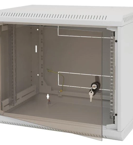 Rack de perete Triton sectiune simpla 6U 600mm adancime usa sticla panouri laterale fixe, sectiuni ventilatie activa, sectiuni acces cabluri sus/jos/spate securizare cu cheie