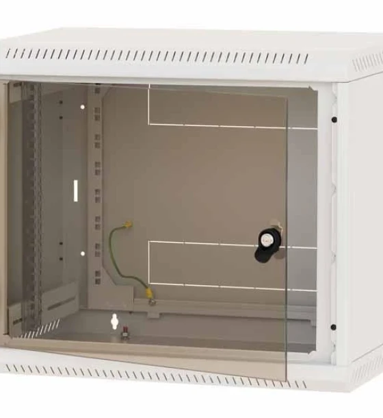 Rack de perete Triton sectiune simpla 12U 600mm adancime usa sticla panouri laterale fixe sectiuni ventilatie activa, sectiuni acces cabluri sus/jos/spate securizare cu cheie