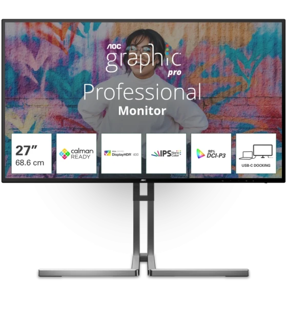 Monitor AOC 27 inch U27U3CV, 16:9, IPS, 3840x2160, 60Hz, GtG 4ms, Luminozitate max 400 cdmp, Contrast static 1300:1, Contrast dynamic 50M 1