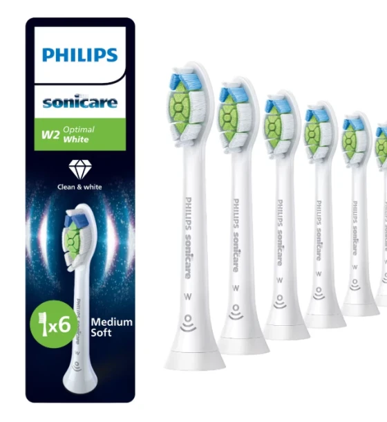 Accesoriu electrocasnic Rezerve Philips Sonicare Optimal White HX6066, pachet de 6 capete de periere, Standard, click-on, sincronizarea modurilor BrushSync, Alb