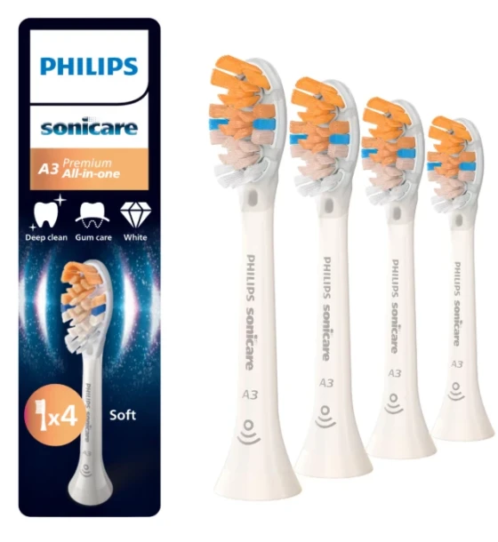 Accesoriu electrocasnic Rezerve PHILIPS Sonicare A3 Premium All in One HX9094, Pachet de 4 capete de periere standard, Sincronizarea modurilor BrushSync, Alb, L x A x I mm 25.7x60x230.5