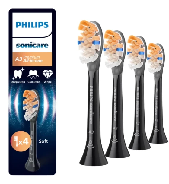 Accesoriu electrocasnic Rezerve PHILIPS Sonicare A3 Premium All in One HX9094, Pachet de 4 capete de periere standard, Sincronizarea modurilor BrushSync, Negru, L x A x I mm 25.7x60x230.5