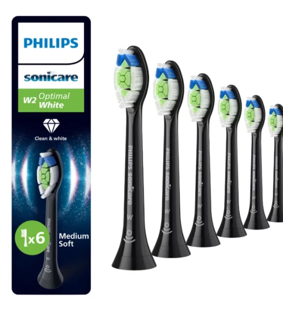 Accesoriu electrocasnic Rezerve Philips Sonicare Optimal White HX6066, pachet de 6 capete de periere, Standard, click-on, sincronizarea modurilor BrushSync, Negru