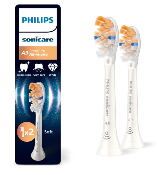 Accesoriu electrocasnic Rezerve PHILIPS Sonicare A3 Premium All in One HX9092, Pachet de 2 capete de periere standard, Sincronizarea modurilor BrushSync, Alb, L x A x I mm 25.7x60x230.5
