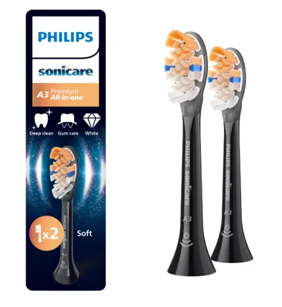 Accesoriu electrocasnic Rezerve PHILIPS Sonicare A3 Premium All in One HX9092, Pachet de 2 capete de periere standard, Sincronizarea modurilor BrushSync, Negru, L x A x I mm 25.7x60x230.5