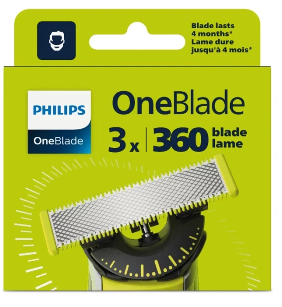 Accesoriu electrocasnic Rezerva OneBlade 360, QP430, otel inoxidabil, umed si uscat, kit 3 lame, compatibil cu Philips OneBlade si OneBladePro, Verde