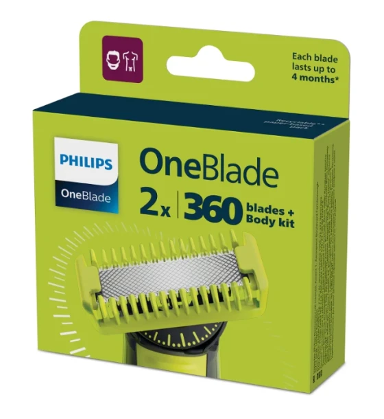 Accesoriu electrocasnic Rezerva OneBlade QP624, set fata si Corp 2 lame 360 + 2 accesorii pieptene pentru corp si accesoriu pentru protectie a zonelor intime/sensibile