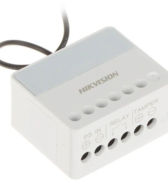 Centrala antiefractie Modul releu AXPRO Hikvision DS-PM1-O1L-WE, 1 x NO/NC 0 36 V DC, Max 5 A, comunicare 868 MHz two-way wireless, criptare AES-128, distanta de comunicare RF 1800m, in camp deschis
