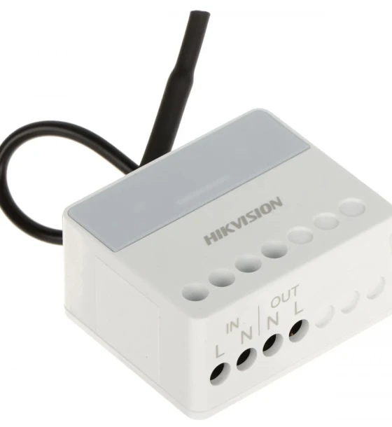 Centrala antiefractie Modul releu AX PRO Hikvision DS-PM1-O1H-WE, 1 x output NO/NC AC 100 240 V, Max 13A, comunicare 868 MHz two-way wireless, criptare AES-128, distanta de comunicare RF 1600m, in camp deschis