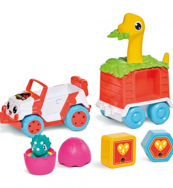 Jucarie bebelus Vehicul de salvare cu remorca colorata, dino, jurassic world, tomy