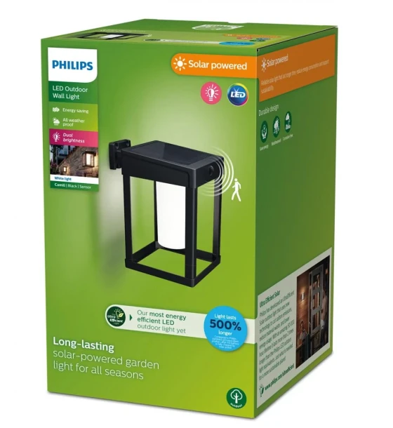 Aplica LED solara pentru exterior cu senzor de miscare Philips CAMILLSQUARE FROSTED, 1.4W, 4V, 250 lm, lumina calda 3000K, IP44, 20 5x190x140mm, Negru