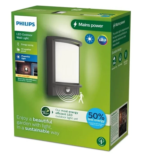 Aplica LED pentru exterior cu senzor de miscare Philips SAMONDRA, 3.8W, 800 lm, lumina calda 2700K, IP44, 227x190x89mm, Antracit