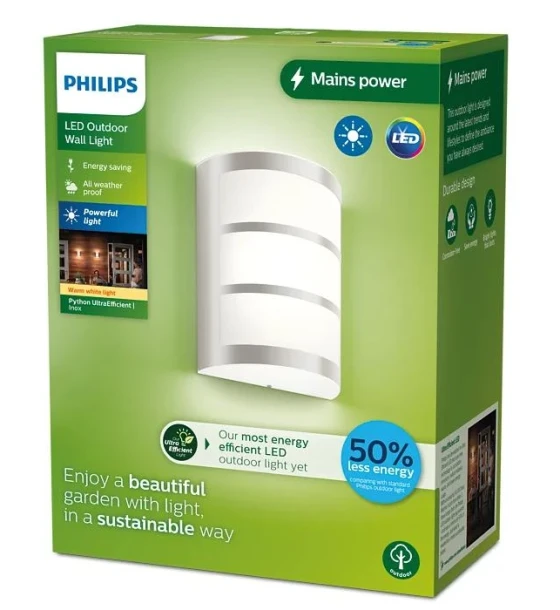 Aplica LED pentru exterior Philips PYTHON, 3.8W, 800 lm, lumina calda 2700K, IP44, 215x171x84mm, Inox