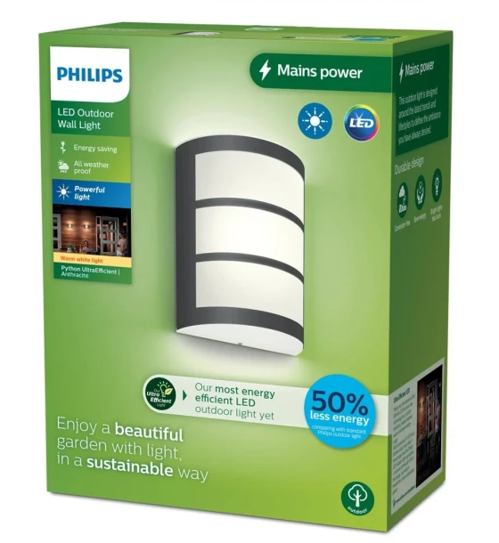 Aplica LED pentru exterior Philips PYTHON, 3.8W, 800 lm, lumina calda 2700K, IP44, 215x171x84mm, Antracit