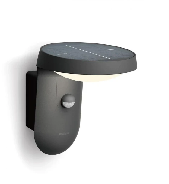 Aplica LED solara pentru exterior cu senzor de lumina si miscarePhilipsTyla, 1.2W, 4V, 255 lm, lumina neutra 4000K, IP44, 188x158x184mm, Antracit