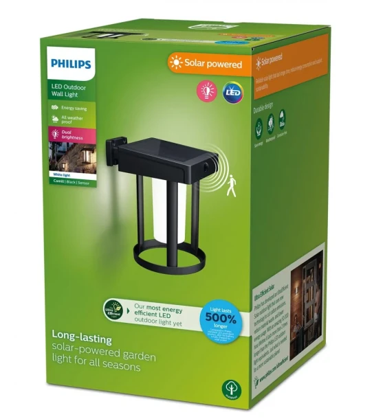 Aplica LED solara pentru exterior cu senzor de miscare Philips CAMILLROUND FROSTED, 1.4W, 4V, 250 lm, lumina calda 3000K, IP44, 205 x190x140mm, Negru