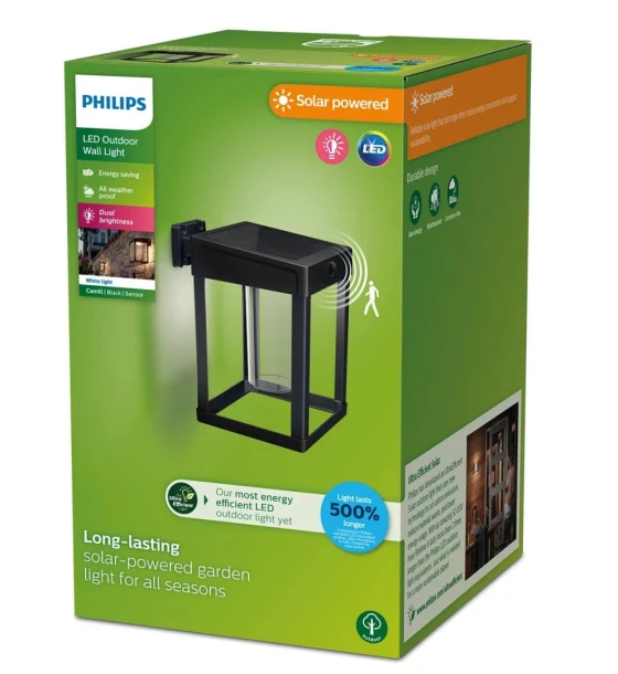 Aplica LED solara pentru exterior cu senzor de miscare Philips CAMILLSQUARE CLEAR, 1.4W, 4V, 250 lm, lumina calda 3000K, IP44, 205x 190x140mm, Negru