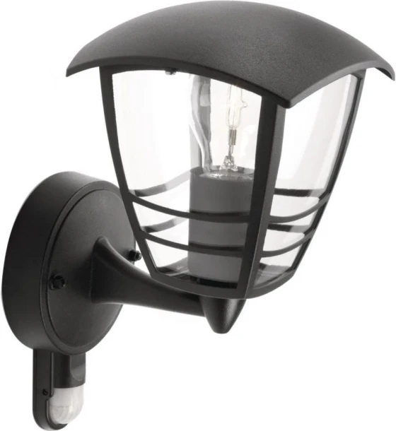 Aplica tip felinar pentru exterior cu senzor de miscare Philips CreekUP, 1xE27, max 60W, IP44, 130x180x195mm, Negru