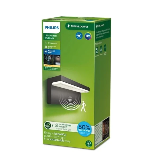 Aplica LED pentru exterior cu senzor de miscare Philips BUSTAN, 3.8W, 800 lm, lumina calda 2700K, IP44, 92x220x78mm, Antracit