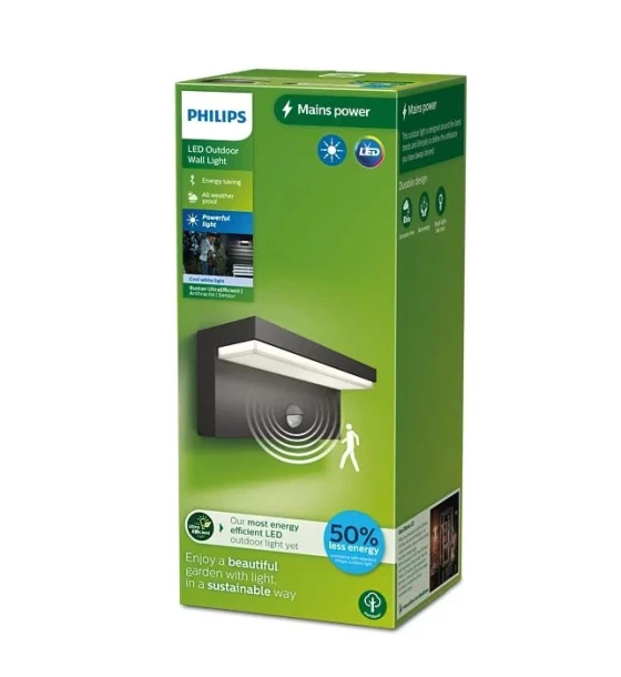Aplica LED pentru exterior cu senzor de miscare Philips BUSTAN, 3.8W, 800 lm, lumina neutra 4000K, IP44, 92x220x78mm, Antracit