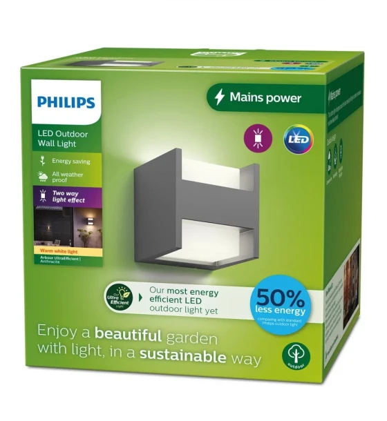 Aplica LED pentru exterior Philips ARBOUR UP DOWN, 3.8W, 800 lm, lumina calda 2700K, IP44, 130x130x130mm, Antracit