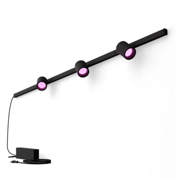 Spot LED RGB Philips Hue Perifo, kit de baza, 3 spoturi, Bluetooth, control vocal, 24V, lumina alba si color 2000-6500K, IP20, 150.4cm, Negru