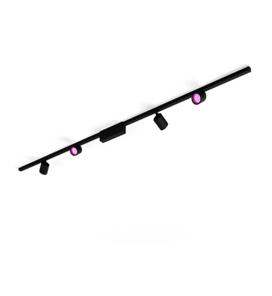 Spot LED RGB Philips Hue Perifo, kit de baza, 4 spoturi, Bluetooth, control vocal, 24V, lumina alba si color 2000-6500K, IP20, 221.5cm, Negru