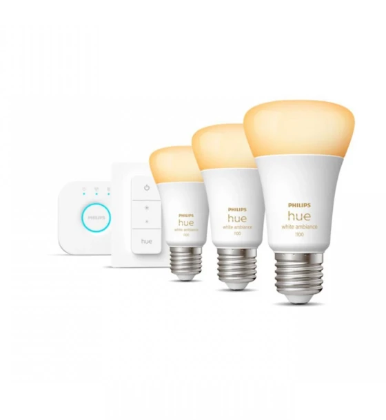 Sursa LED inteligenta Pachet 3 Becuri LED inteligente Philips Hue A60, Bluetooth, E27, 8W 75W, 1100 lm, lumina alba 2200-6500K + Consola Hue Bridge +Intrerupator cu variator
