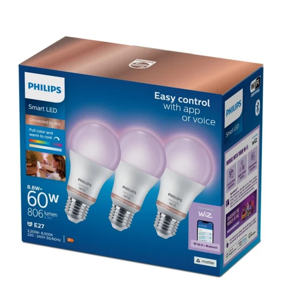 Sursa LED inteligenta 3 Becuri LED RGB inteligente Philips Bulb A60, Wi-Fi, E27, 8.8W 60W, 806 lm, lumina alba si color 2200-6500K