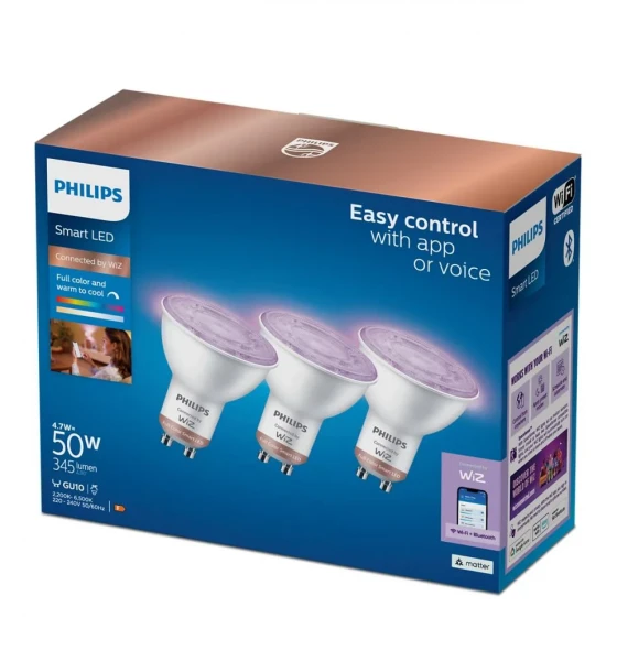 Sursa LED inteligenta 3 Becuri LED RGB inteligente Philips Spot PAR16, Wi-Fi, GU10, 4.7W 50W, 345 lm, lumina alba si color 2200-6500K