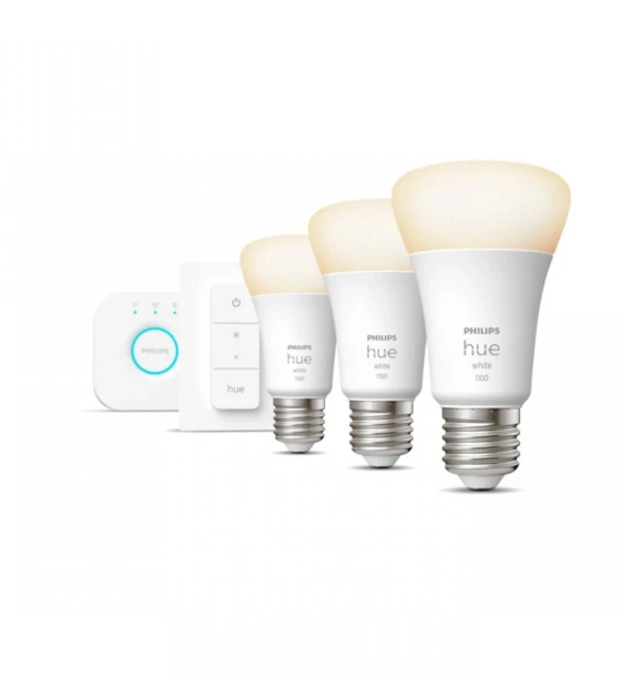 Sursa LED inteligenta Pachet 3 Becuri LED inteligente Philips Hue A60, Bluetooth, E27, 9.5W 75W, 1055 lm, lumina calda 2700K + Consola Hue Bridge + Intrerupatorcu variator