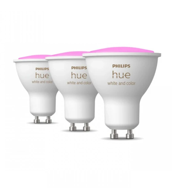 Sursa LED inteligenta 3 Becuri LED RGB inteligente Philips Hue Spot, Bluetooth, GU10, 4.3W 35W, 350 lm, lumina alba si color 2000-6500K