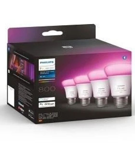 Sursa LED inteligenta 4 Becuri LED RGB inteligente Philips Hue A60, Bluetooth, E27, 6.5W 60W, 806 lm, lumina alba si color 2200-6500K