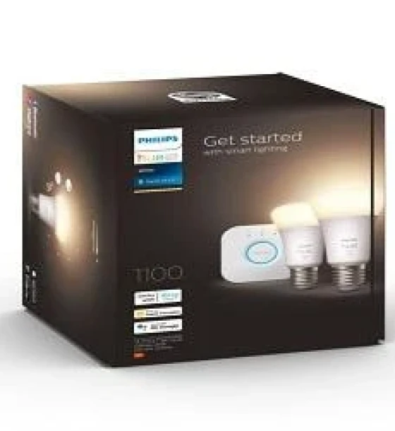 Sursa LED inteligenta Pachet 2 Becuri LED RGB inteligente Philips Hue A60, E27, 9.5W 75W, 1055 lm, lumina calda 2700K + Consola Hue Bridge
